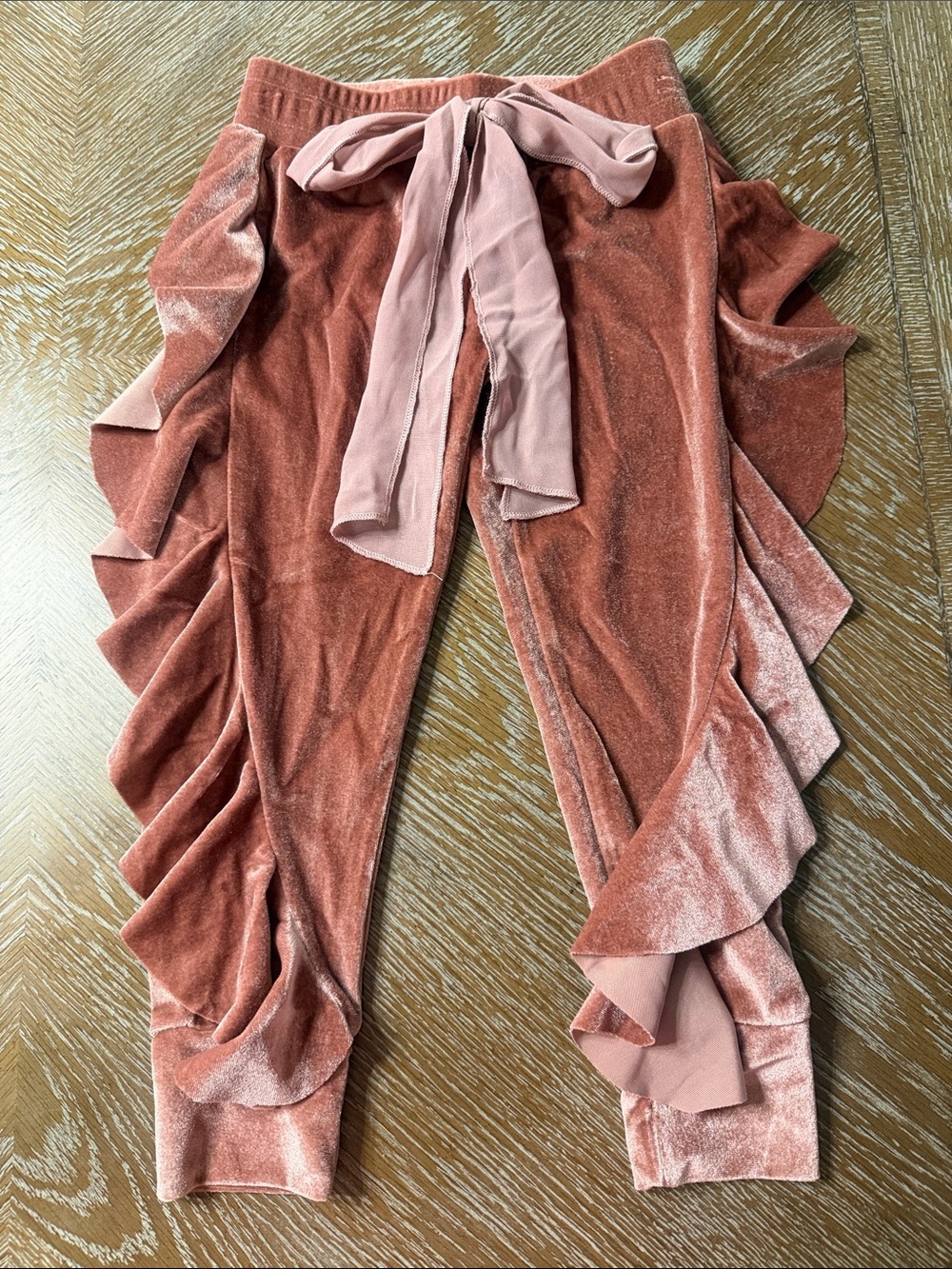Girls Velvet Ruffle Joggers with Chiffon Tie - Dusty Rose